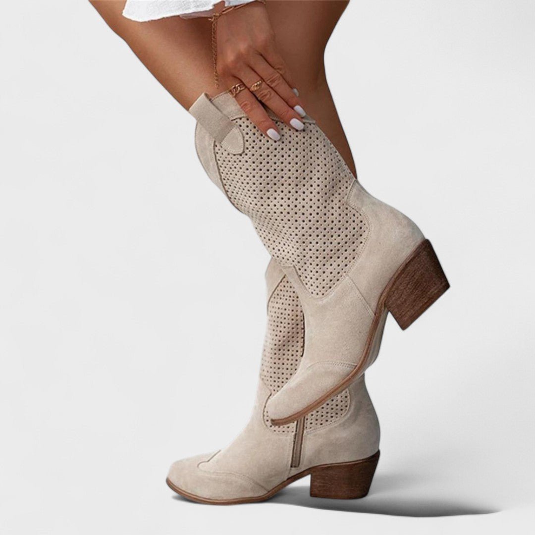 Women's Suede Cowboy Ankle Boots - Beige
