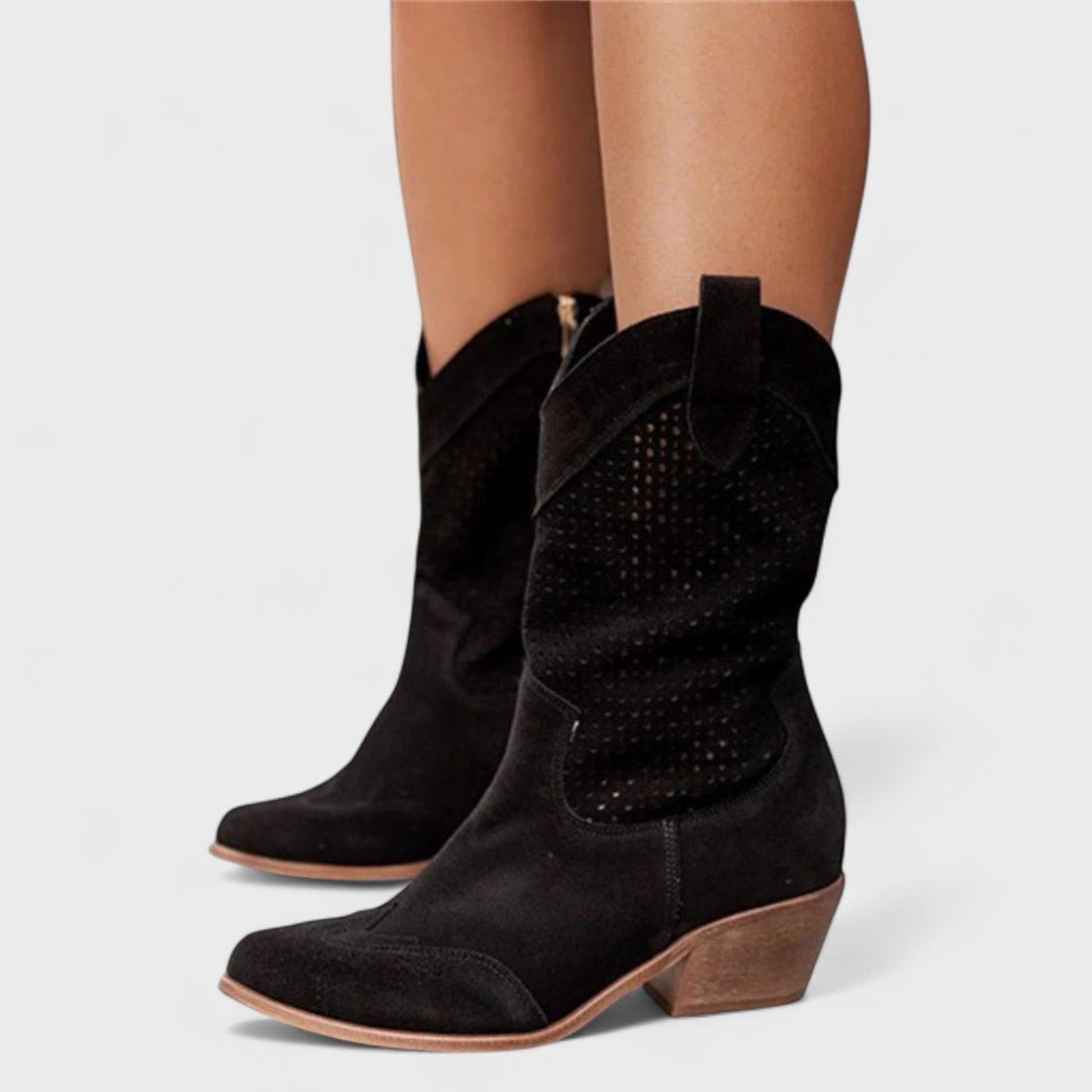 Women's Suede Cowboy Ankle Boots - Black