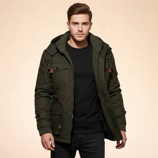 Men's Hooded Fur-Lined Parka Jacket - Olive Green