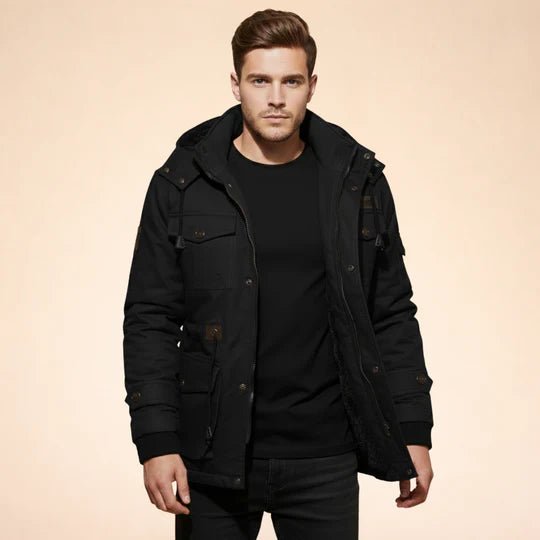 Men's Hooded Fur-Lined Parka Jacket - Black