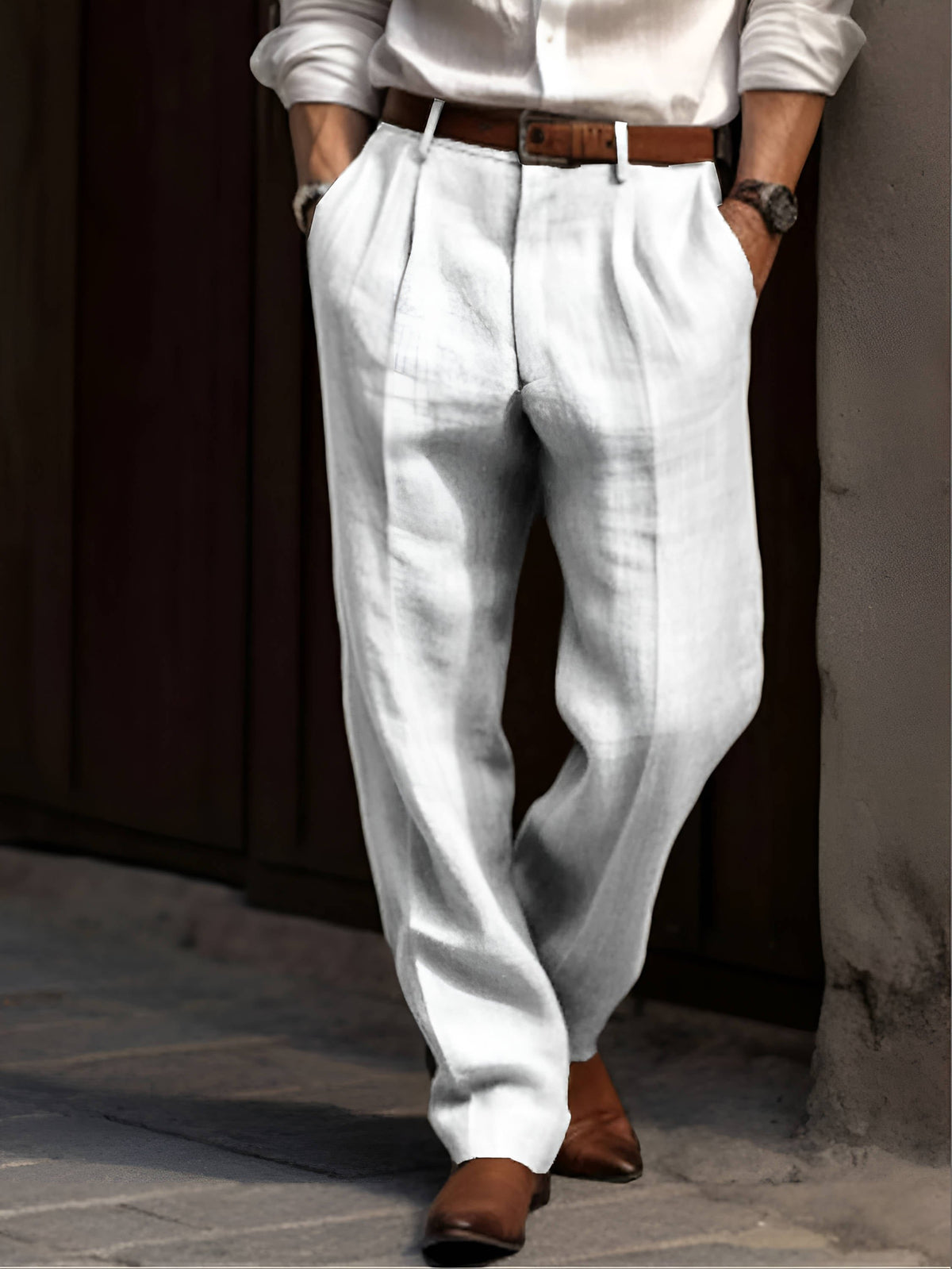 Men's Pleated Wide-Leg Trousers - White