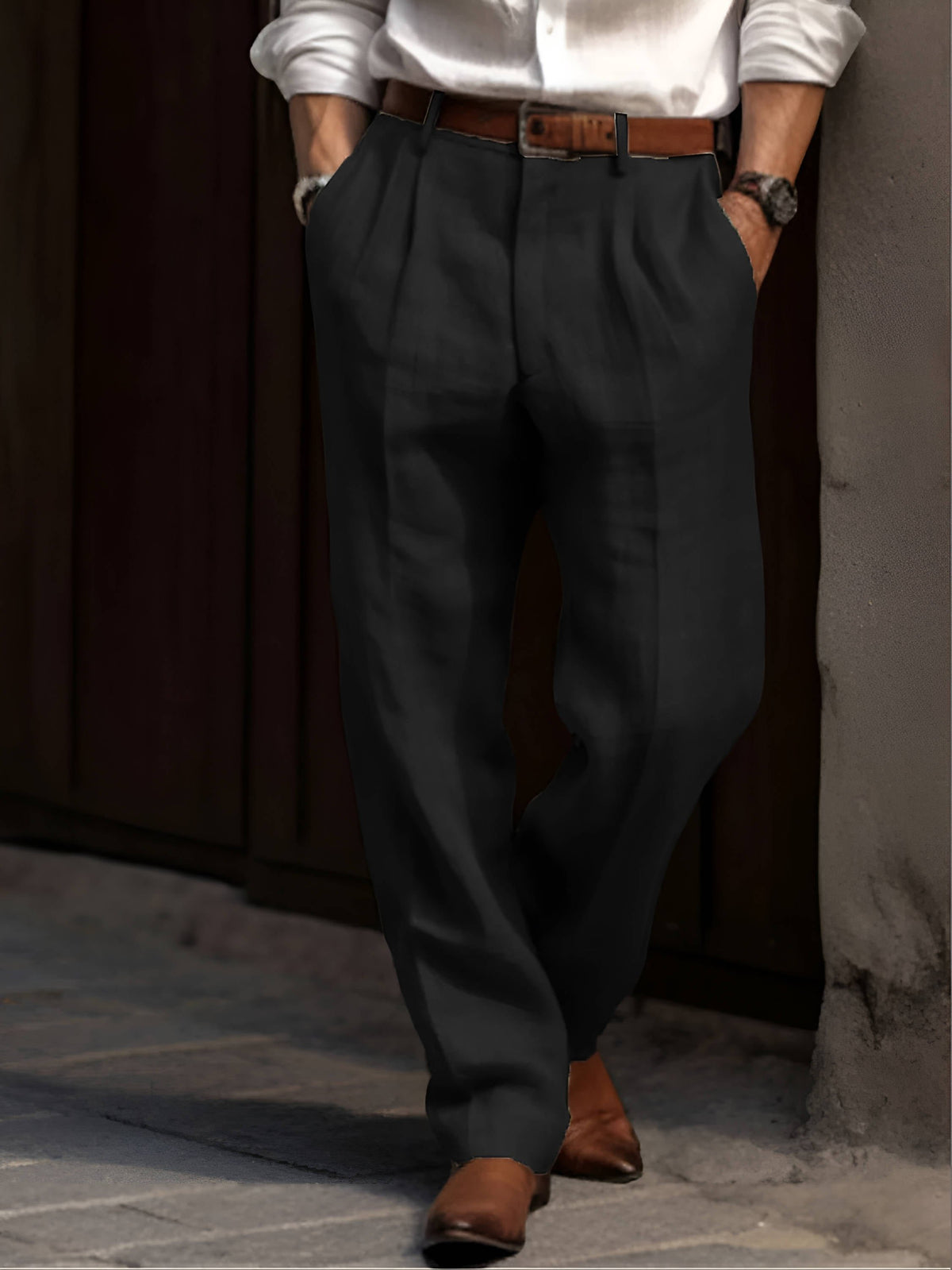 Men's Pleated Wide-Leg Trousers - Black