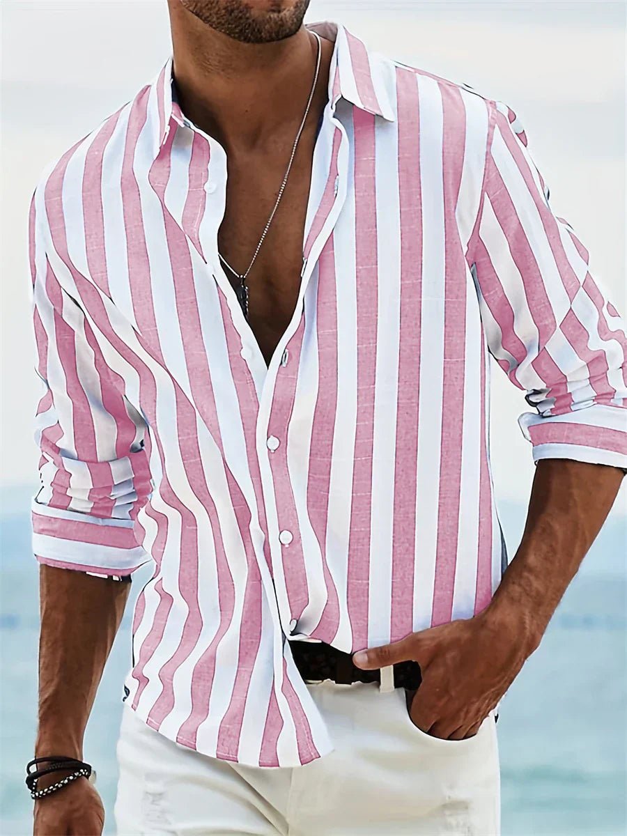 Men's Long Sleeve Striped Shirt - Pink