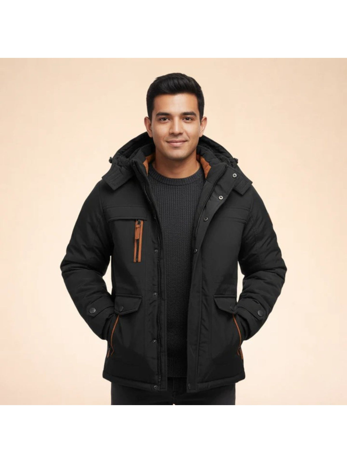 Men's Hooded Insulated Nylon Parka - Black