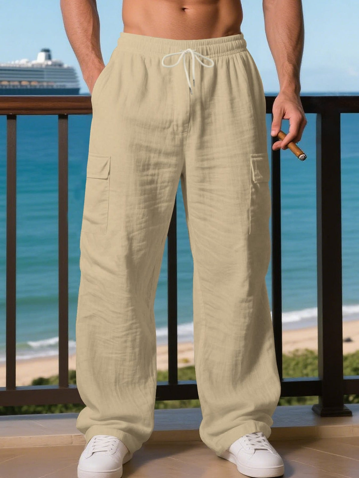 Men's Wide-Leg Linen Cargo Trousers - Beige