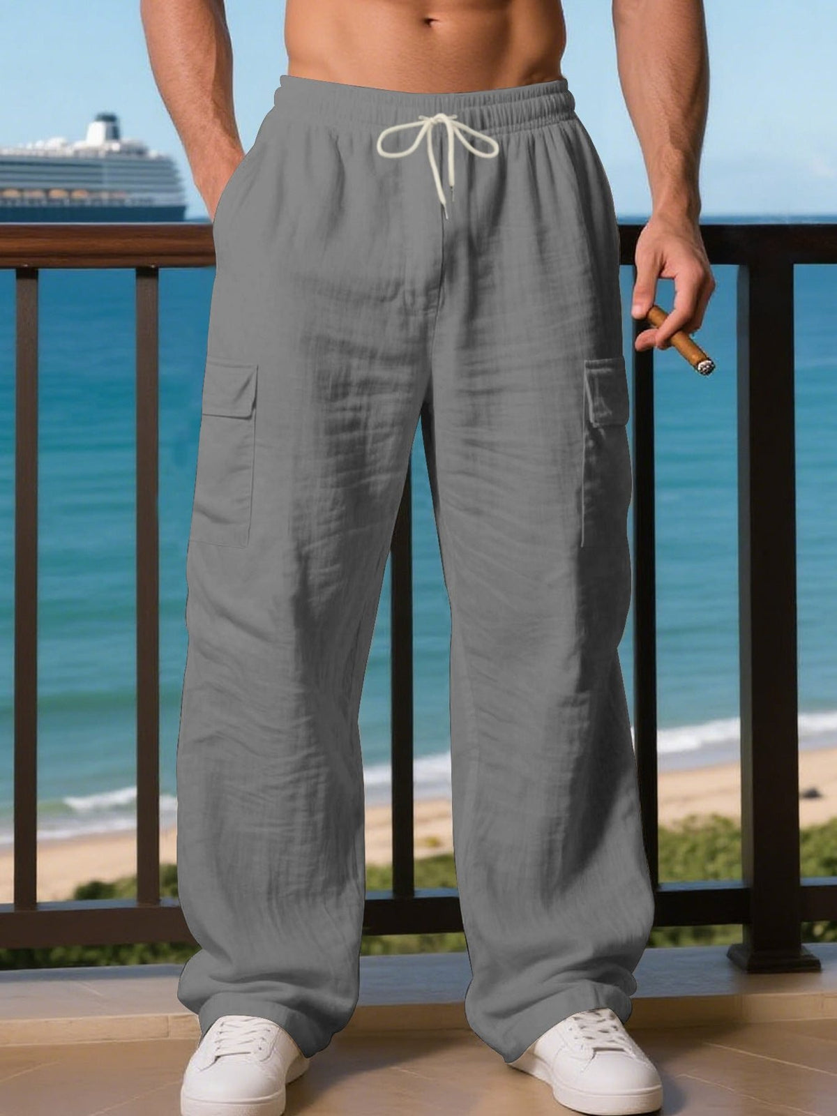 Men's Wide-Leg Linen Cargo Trousers - Grey