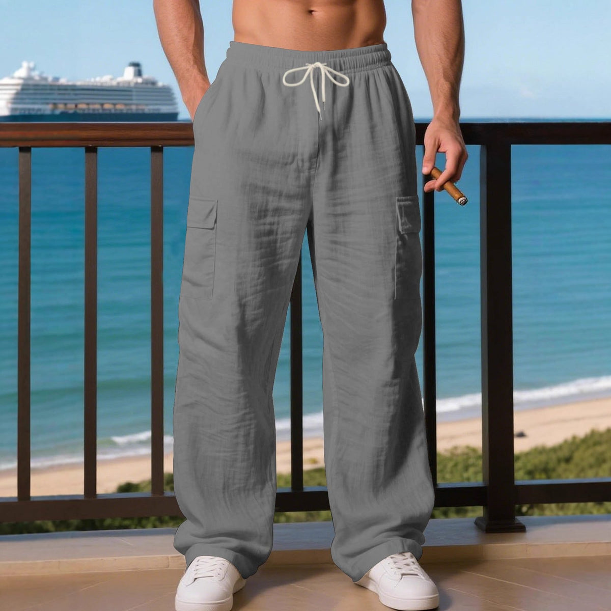Men's Wide-Leg Linen Cargo Trousers