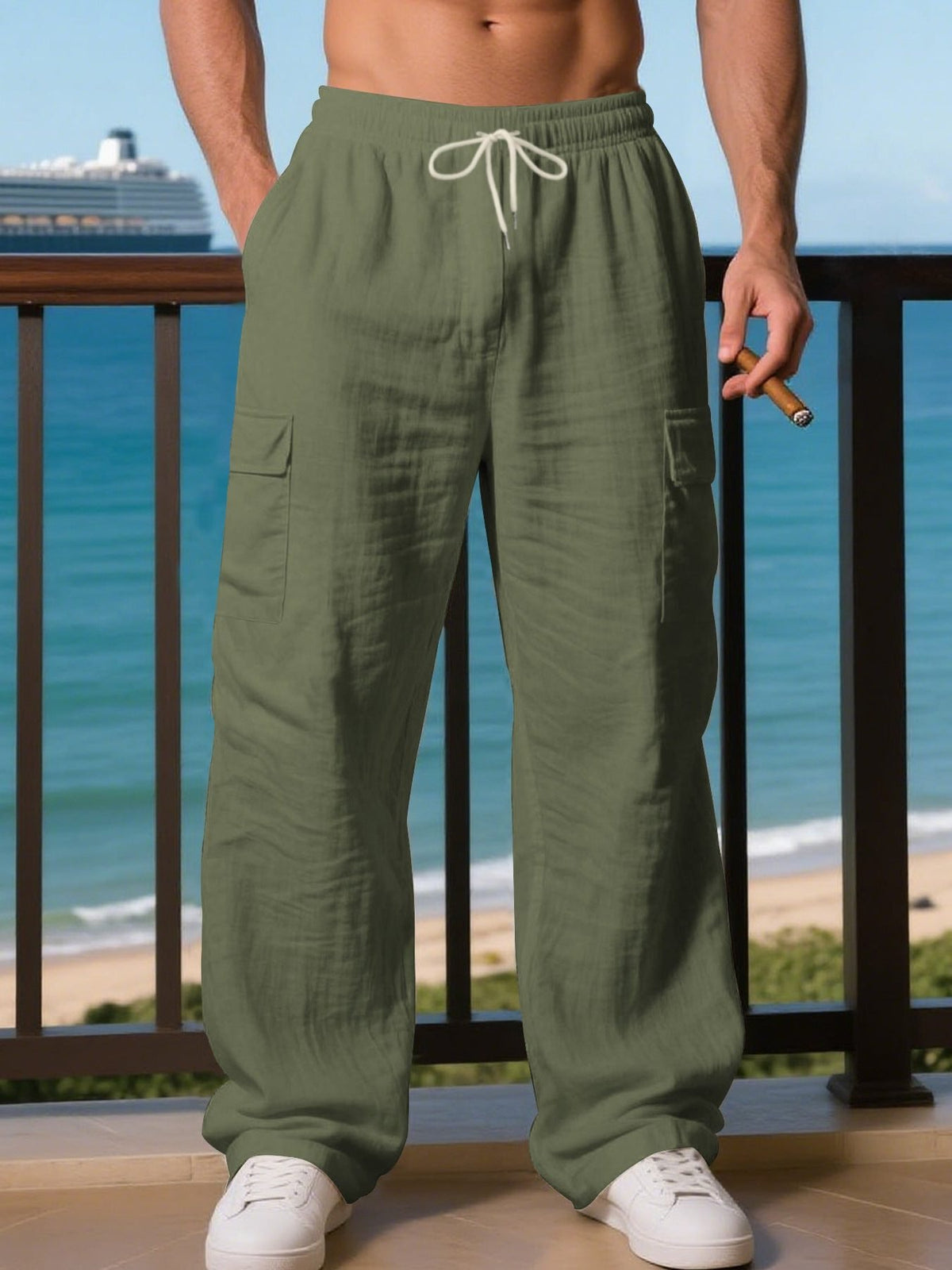 Men's Wide-Leg Linen Cargo Trousers - Olive Green