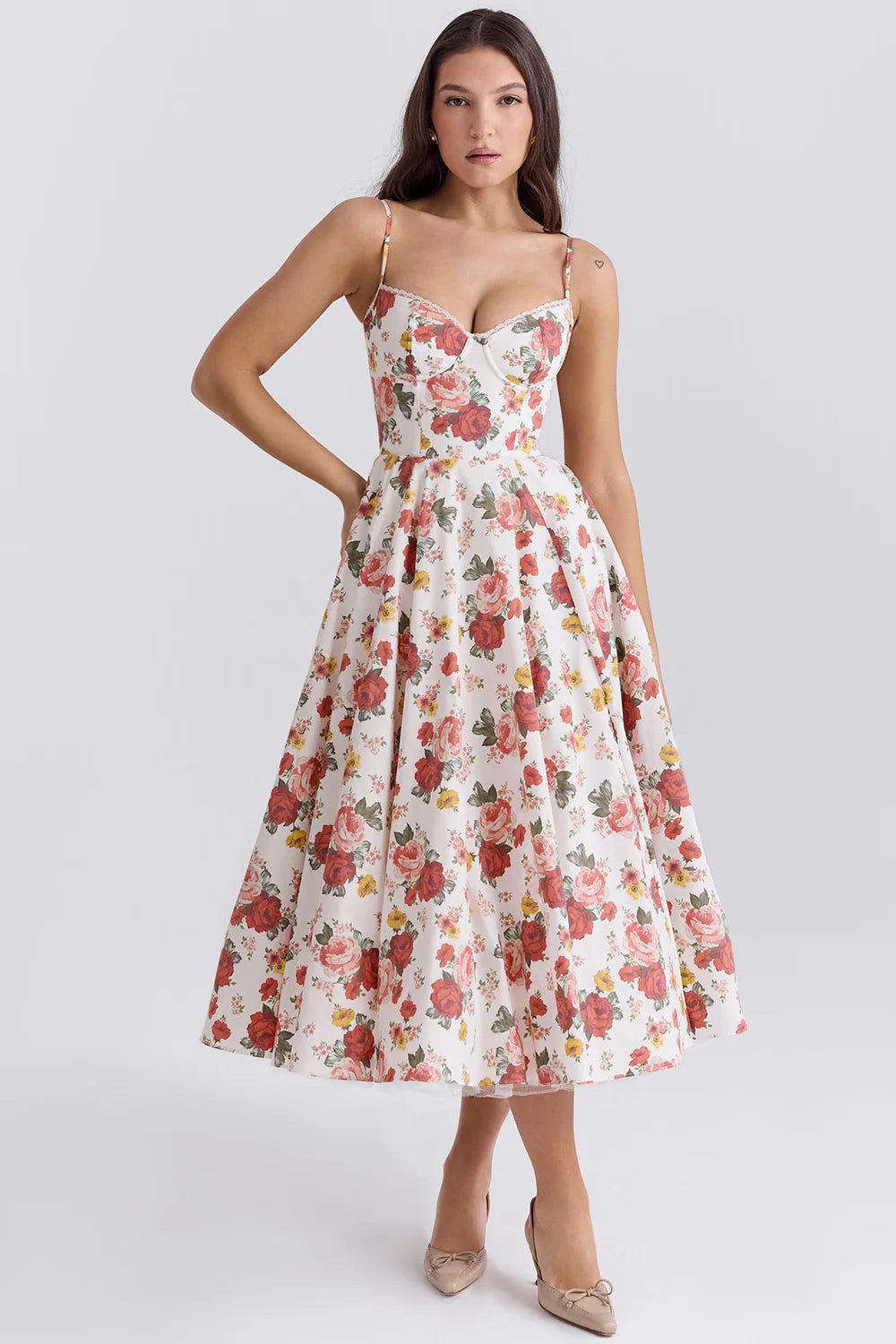 Women's Cocktail Satin Midi Dress - Flowery