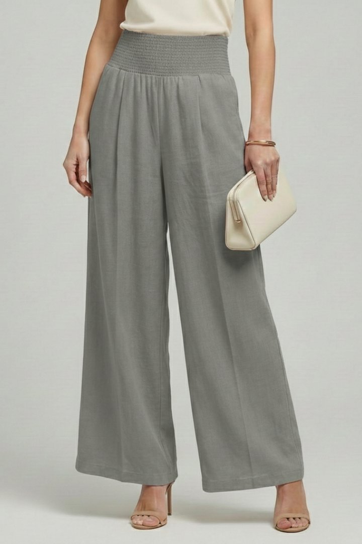 Women's High-Waisted Linen Wide-Leg Trousers - Grey