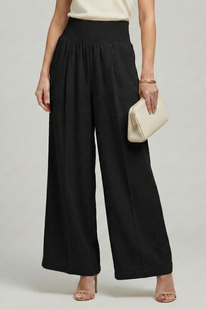 Women's High-Waisted Linen Wide-Leg Trousers - Black