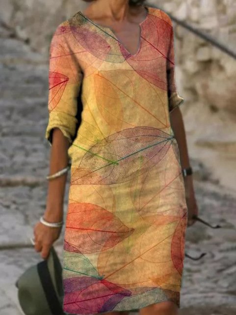 Women's Long Sleeve V-Neck Midi Shift Dress - Yellow