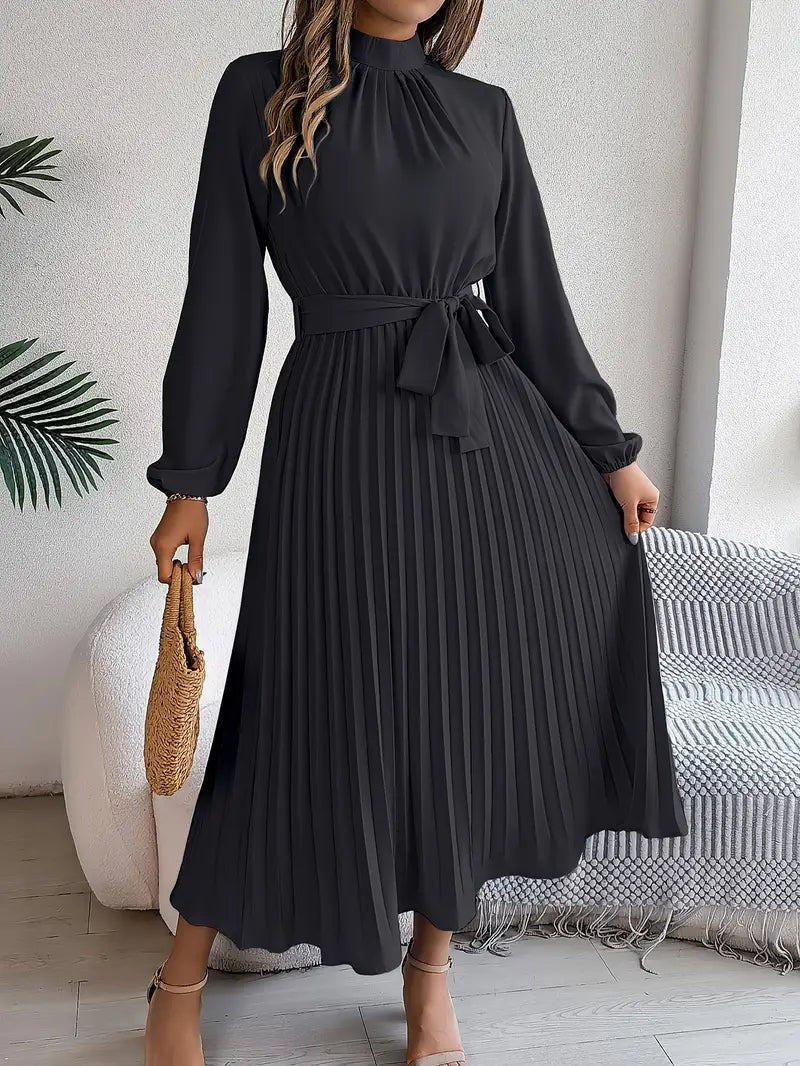 Women's Pleated Satin Midi Dress - Black