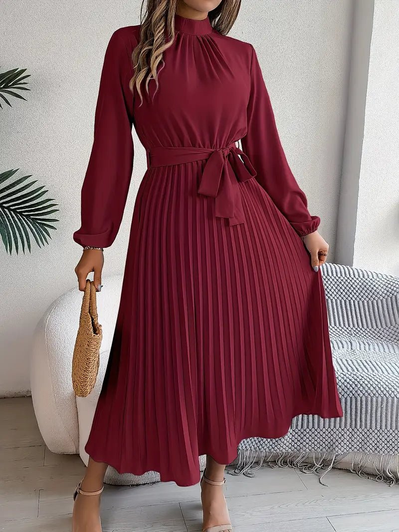 Women's Pleated Satin Midi Dress - Burgundy