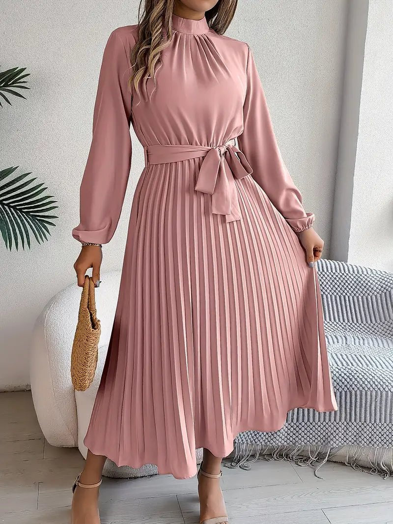 Women's Pleated Satin Midi Dress - Pink
