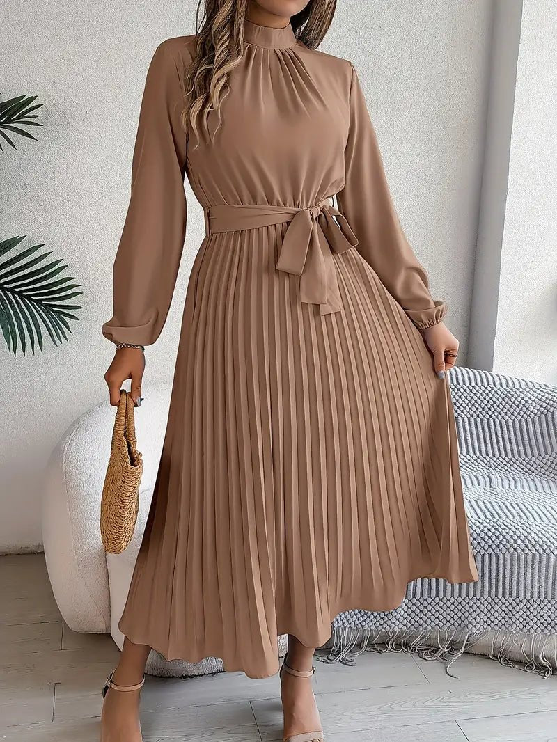 Women's Pleated Satin Midi Dress - Khaki