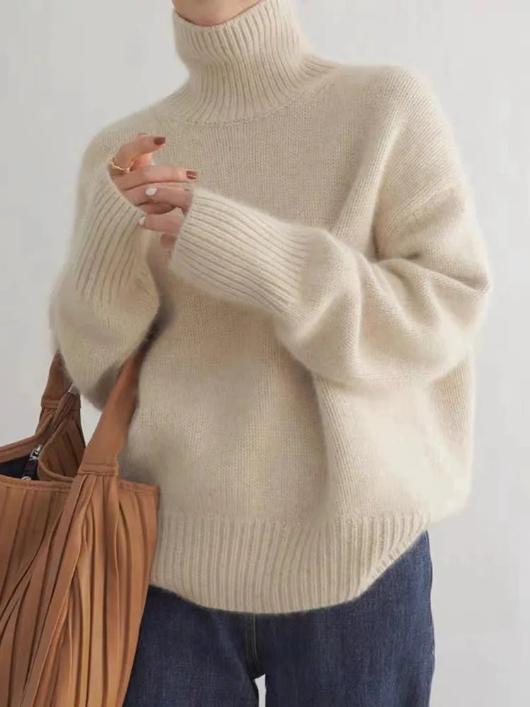 Women's Oversized Roll Neck Jumper - Beige