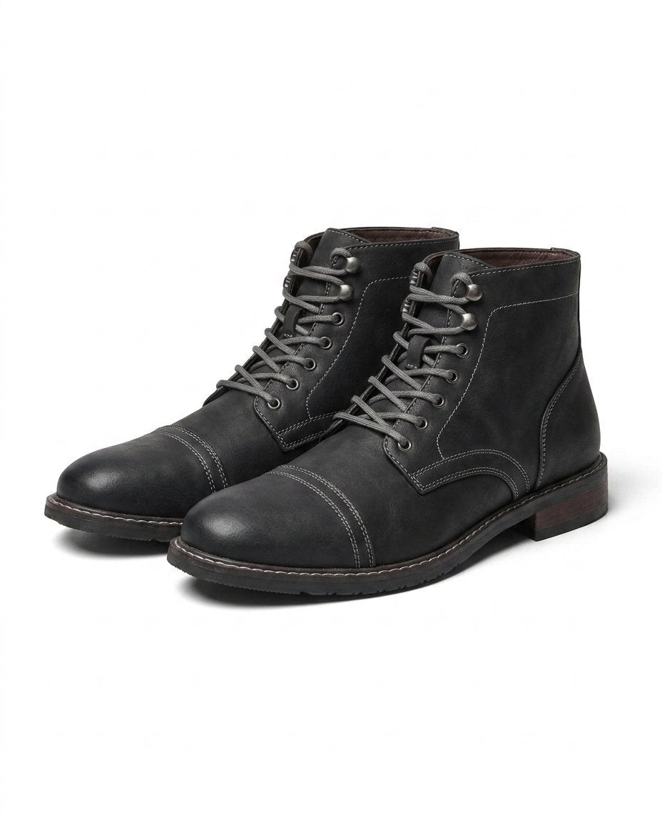 Men's Faux Leather Cap-Toe Boots - Black
