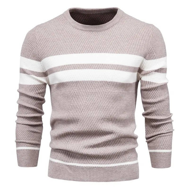Men's Striped Crew Neck Jumper - Khaki