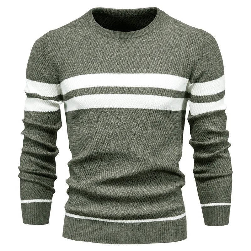Men's Striped Crew Neck Jumper - Army Green