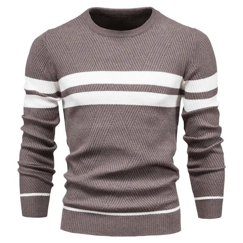 Men's Striped Crew Neck Jumper - Coffee