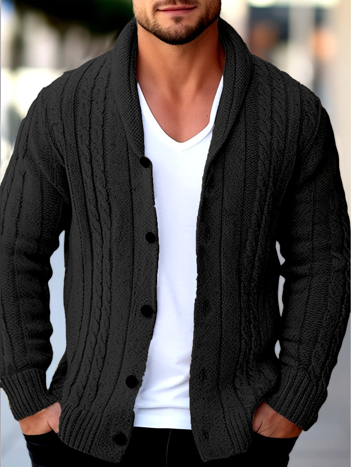 Men's Shawl Collar Cardigan - Black