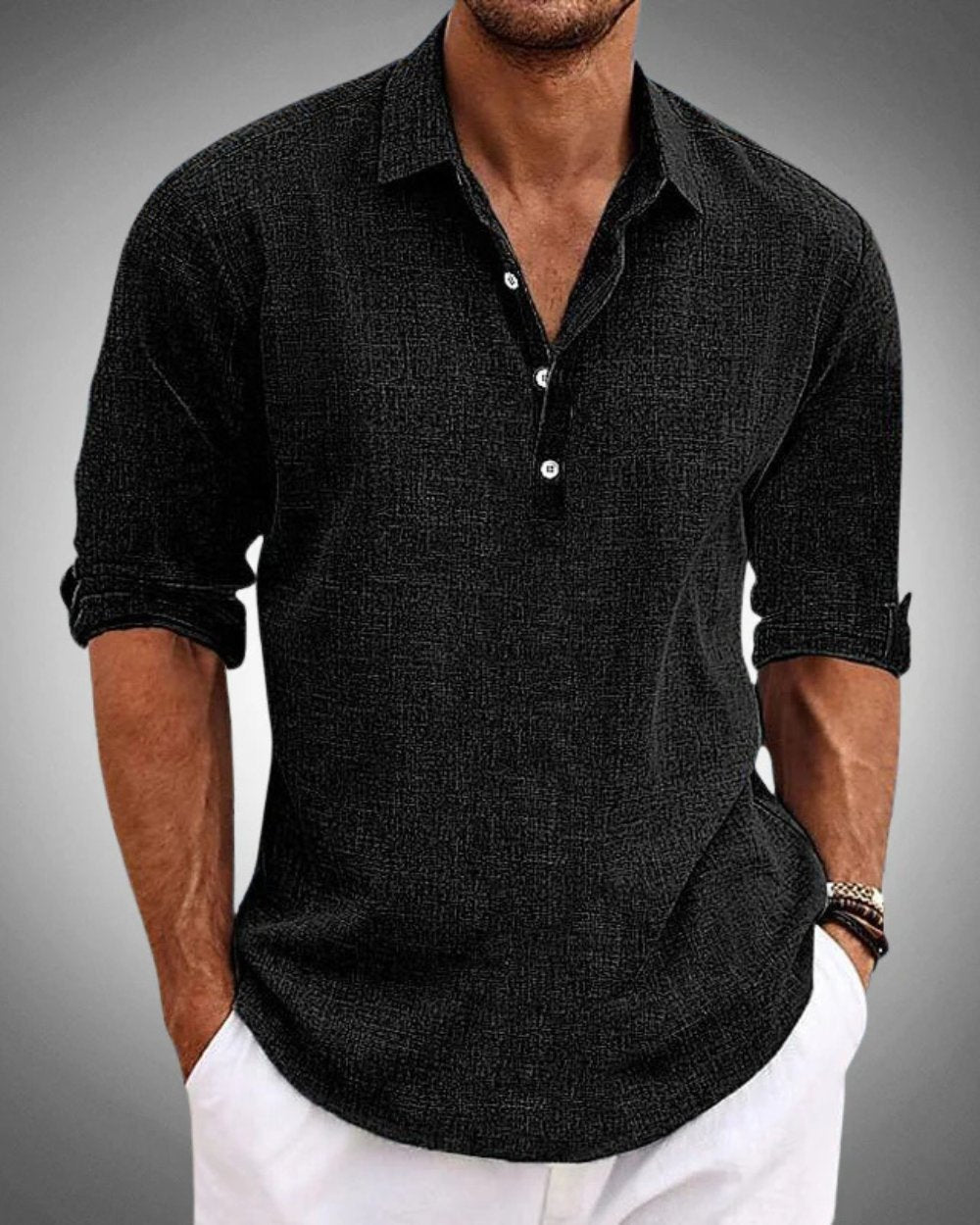 Men's Long Sleeve Henley Shirt - Black