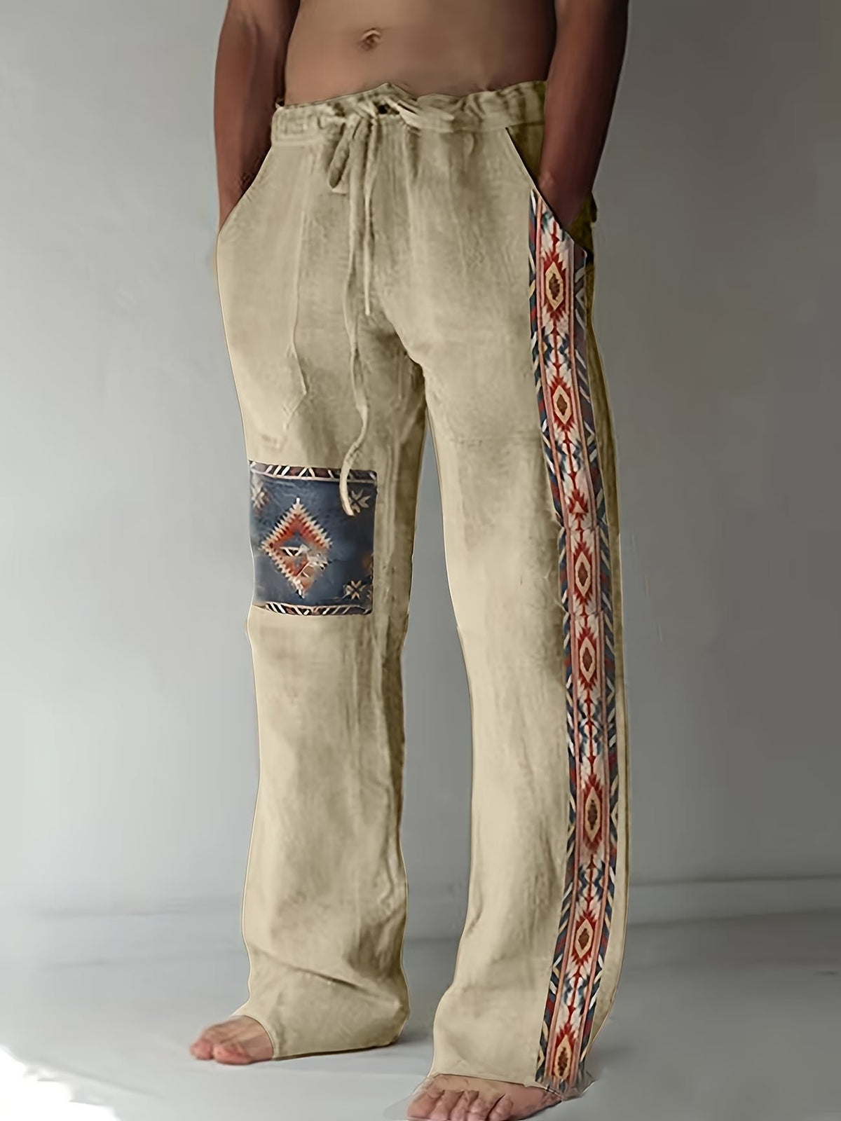 Men's Wide-Leg Drawstring Trousers - Beige