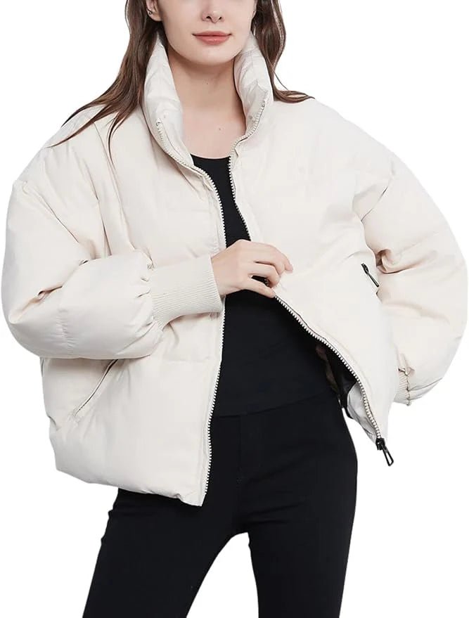 Women's Nylon Cropped Puffer Jacket - Beige