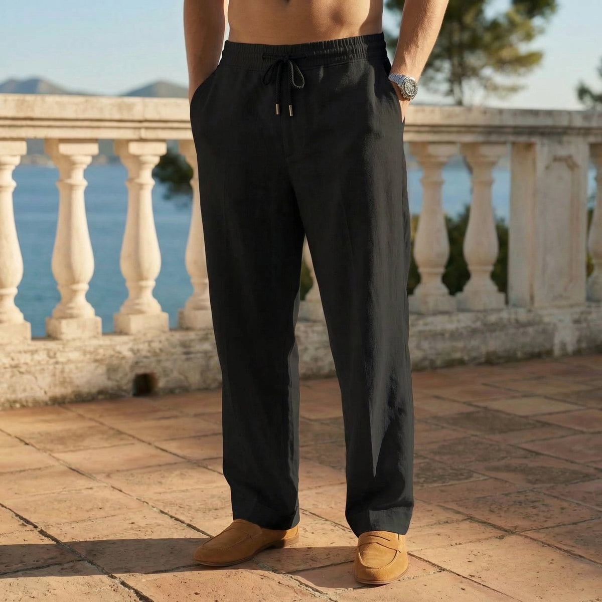 Men's Linen Drawstring Trousers - Black