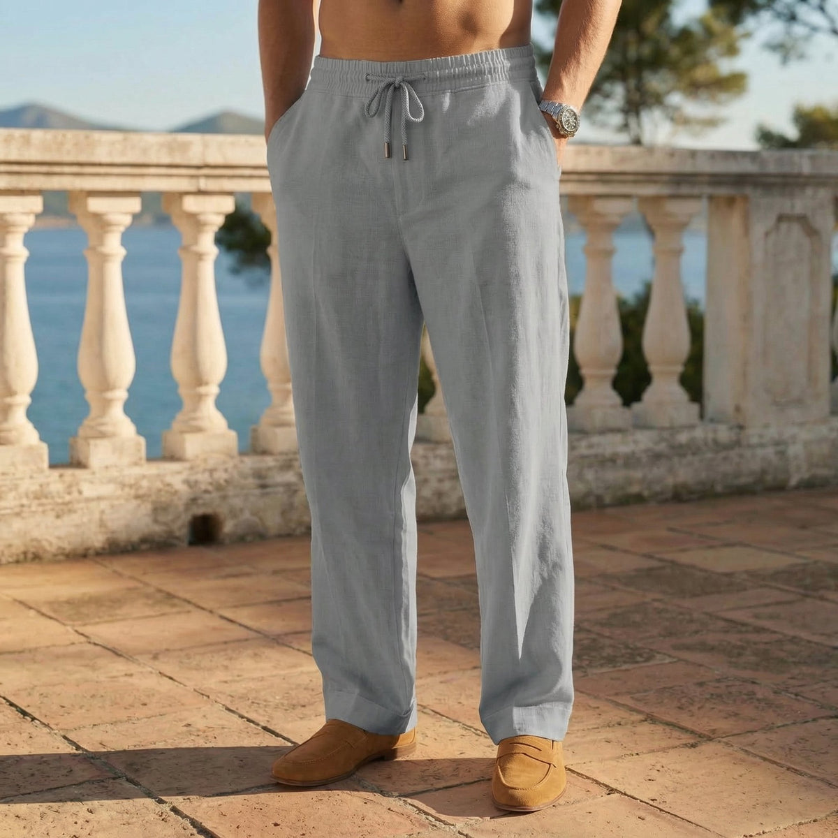 Men's Linen Drawstring Trousers - Gray