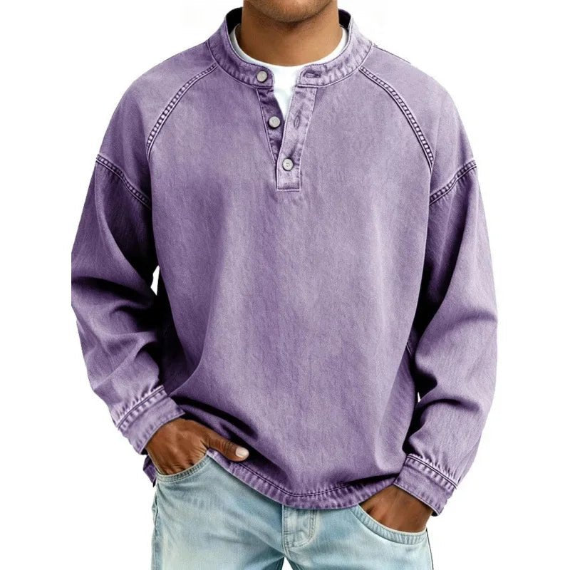 Men's Oversized Denim Henley - Purple