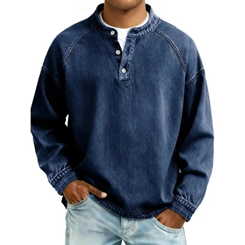 Men's Oversized Denim Henley - Dark Blue