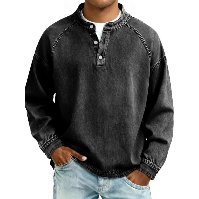Men's Oversized Denim Henley - Black