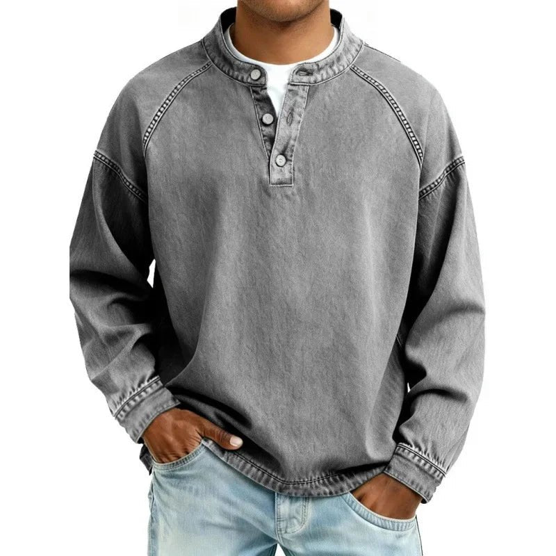 Men's Oversized Denim Henley - Grey