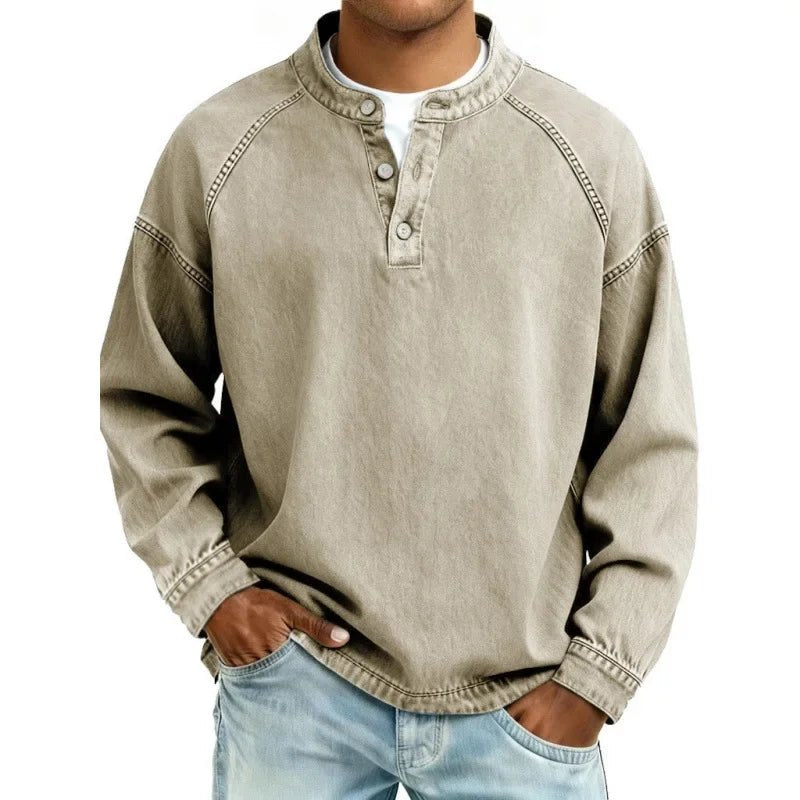 Men's Oversized Denim Henley - Khaki