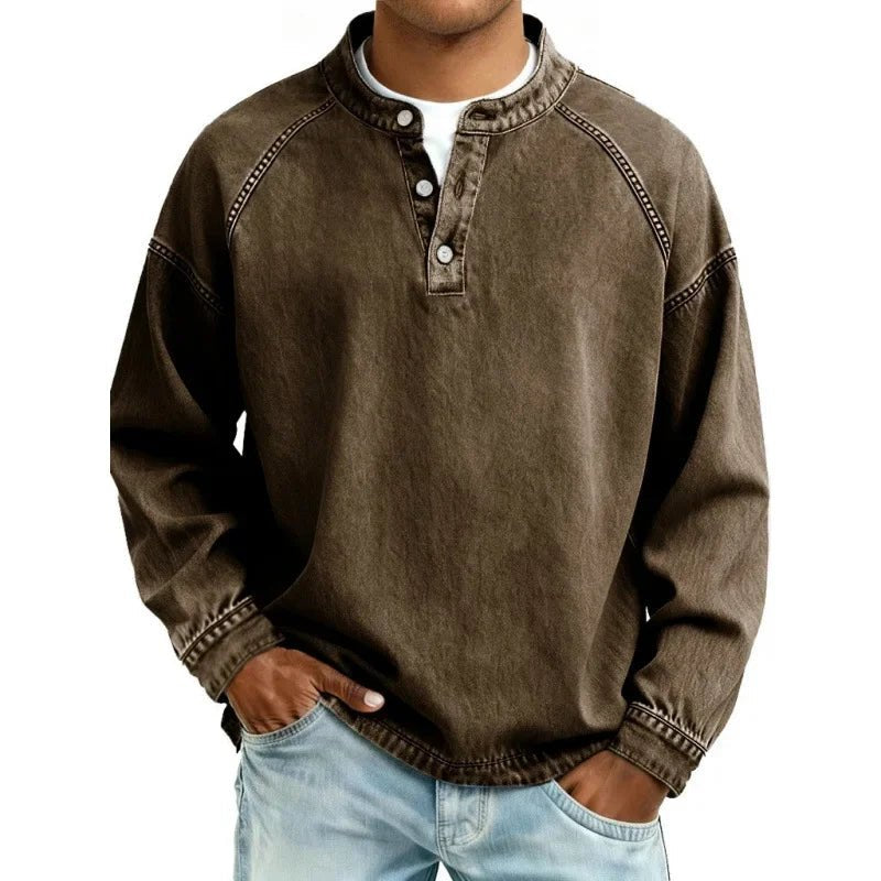 Men's Oversized Denim Henley - Dark Brown