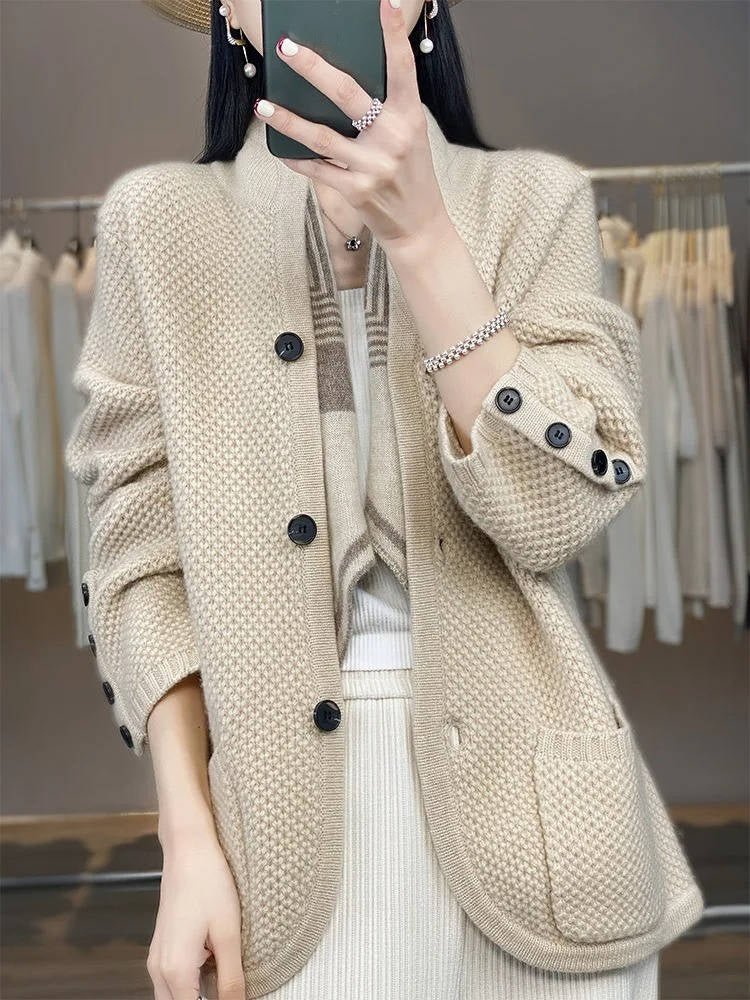 Women's Wool Waffle-Knit Cardigan - Beige