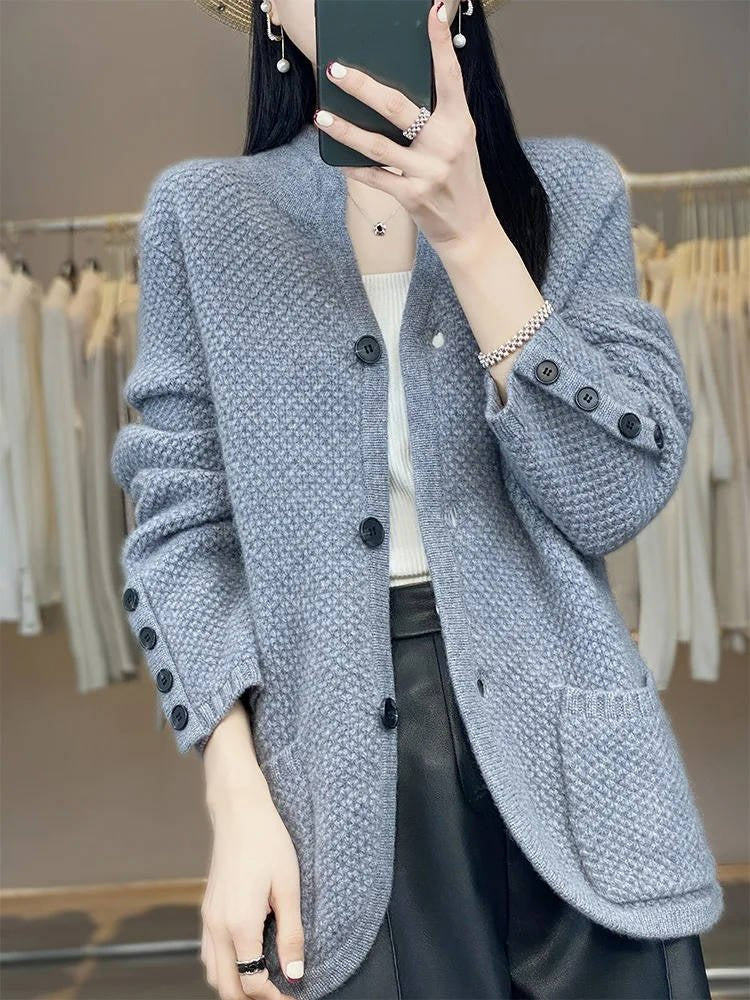 Women's Wool Waffle-Knit Cardigan - Blue