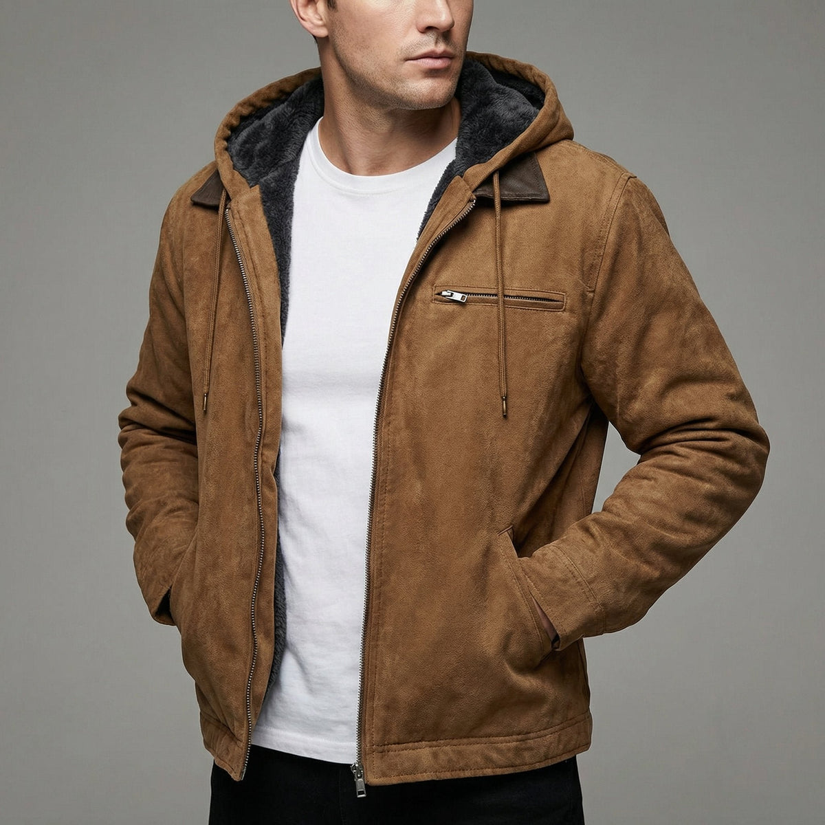 Men's Faux Suede Hooded Jacket - Camel