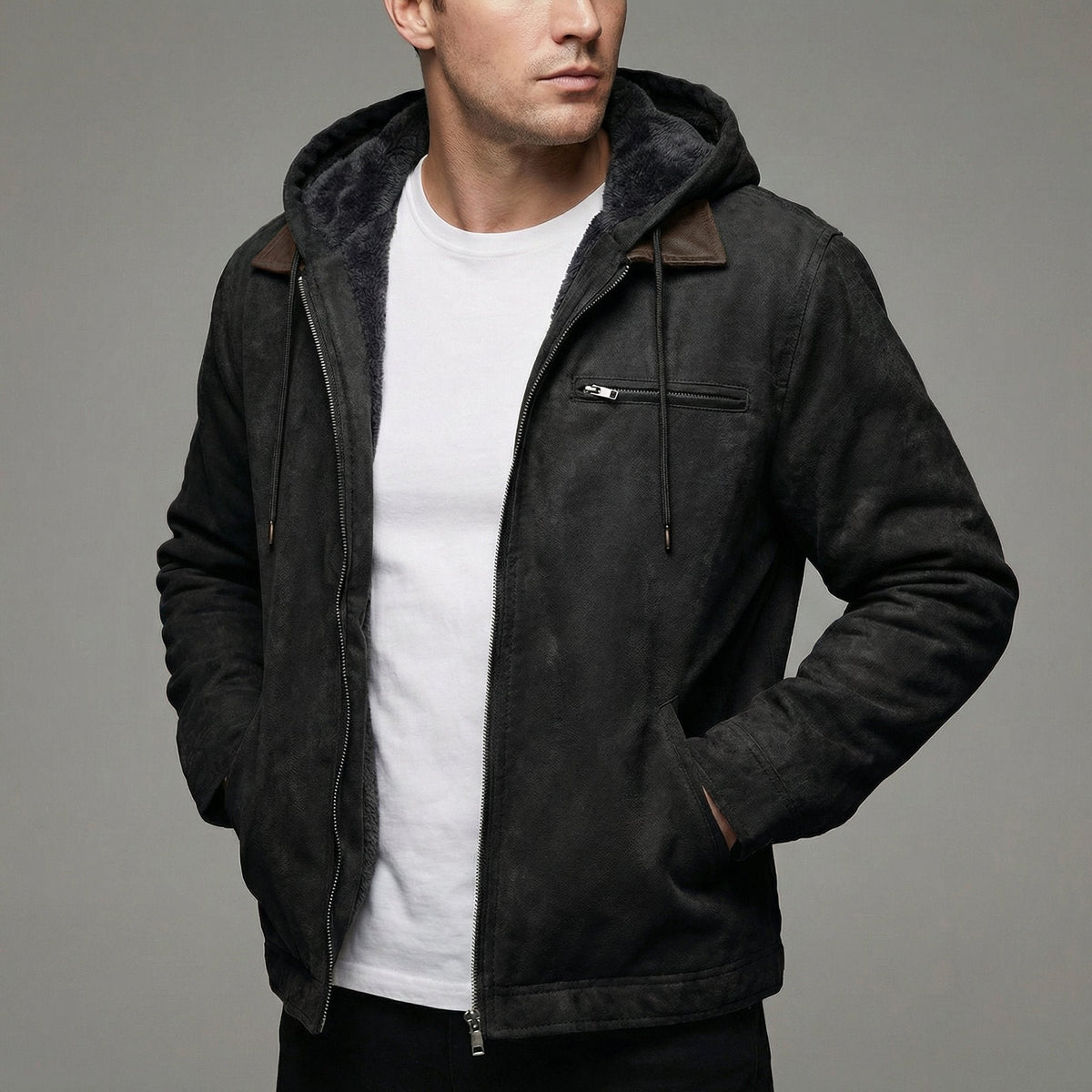 Men's Faux Suede Hooded Jacket - Black