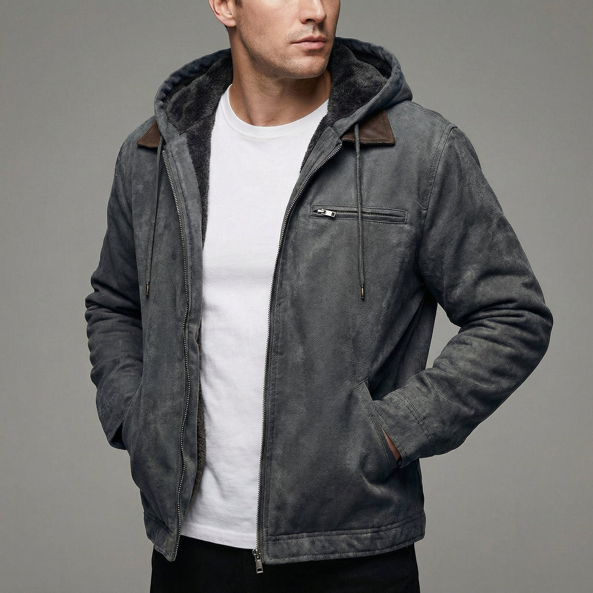 Men's Faux Suede Hooded Jacket - Grey