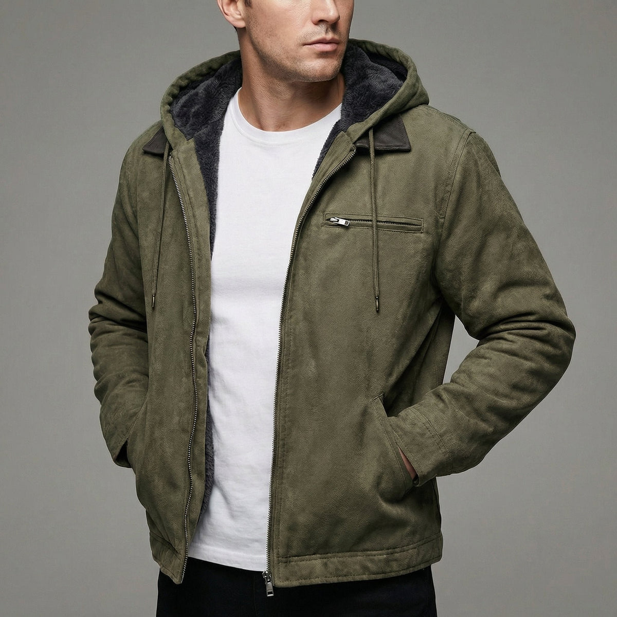 Men's Faux Suede Hooded Jacket - Army Green