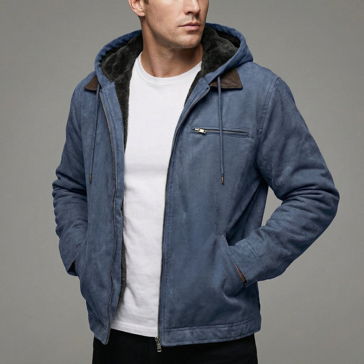 Men's Faux Suede Hooded Jacket - Navy blue
