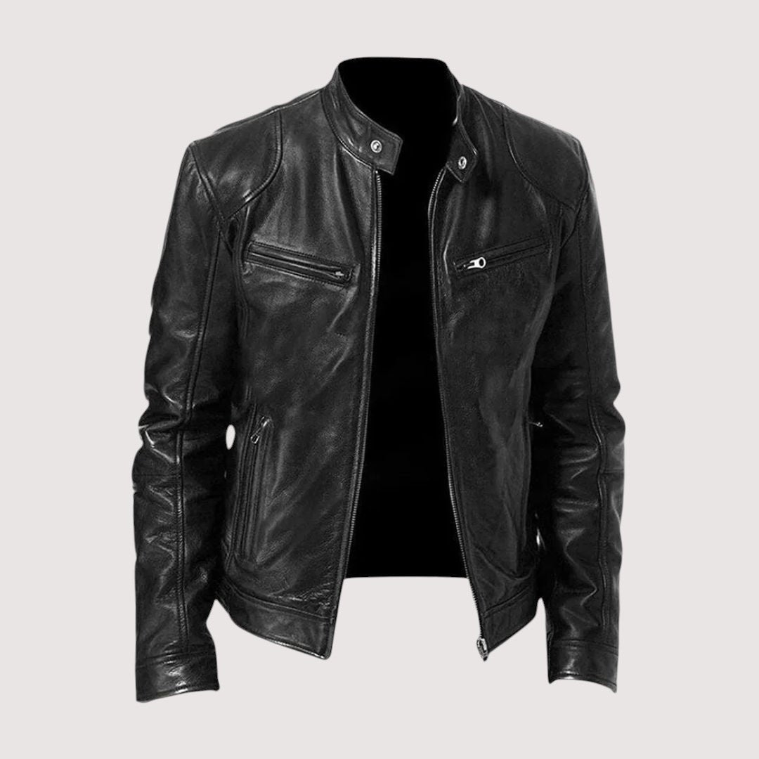Men's Slim Fit Leather Moto Jacket - Black