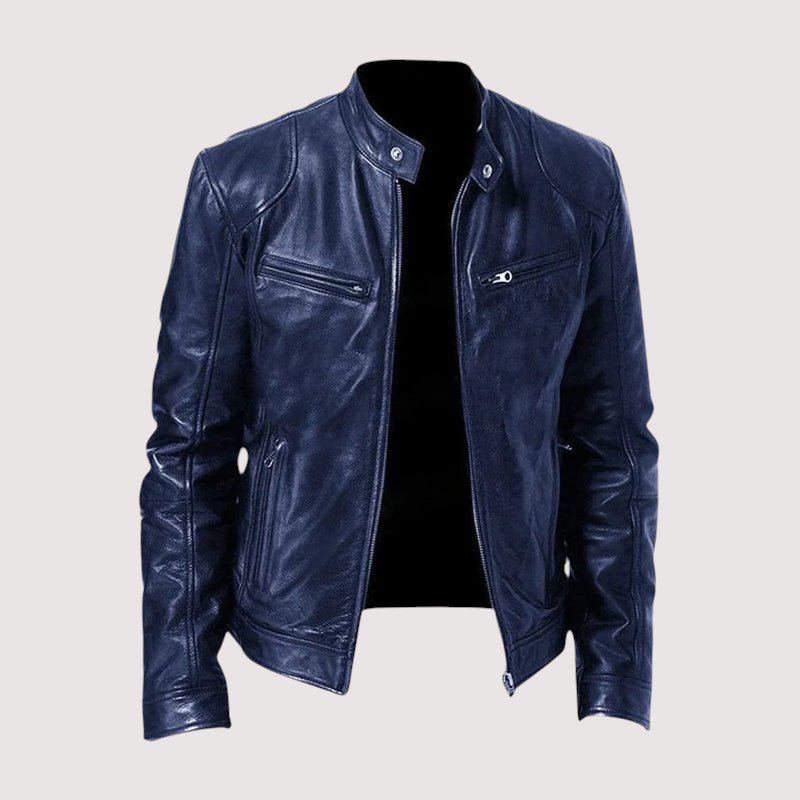 Men's Slim Fit Leather Moto Jacket - Dark blue