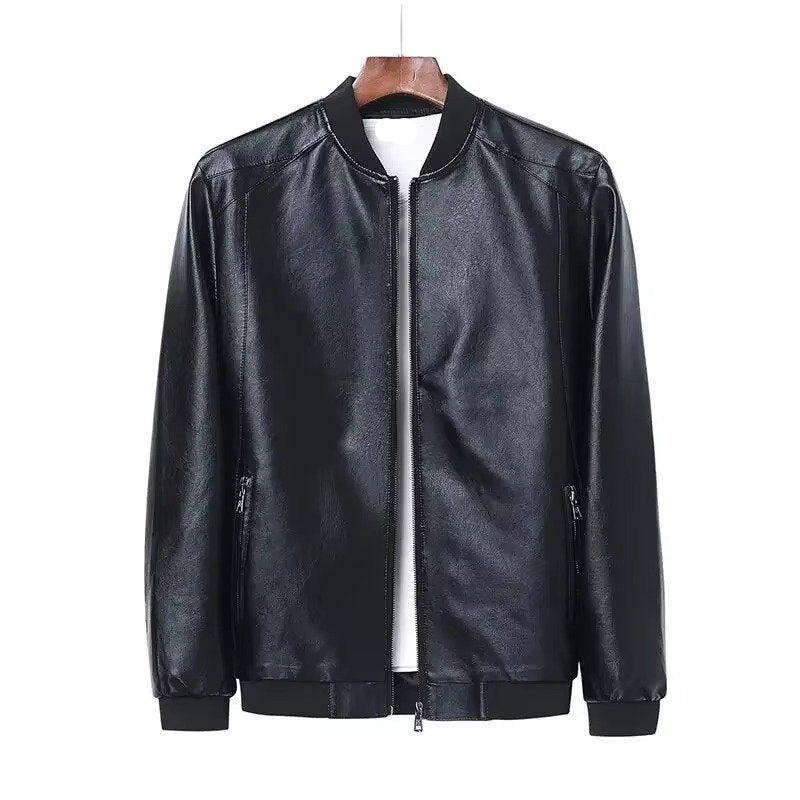 Men's Faux Leather Bomber Jacket - Black