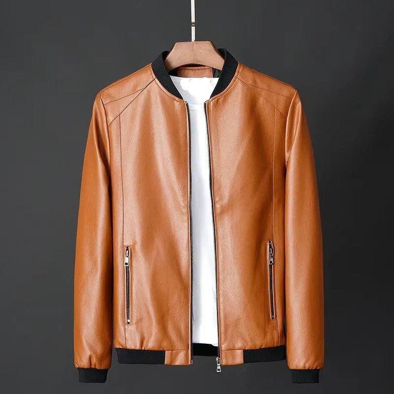 Men's Faux Leather Bomber Jacket - Orange