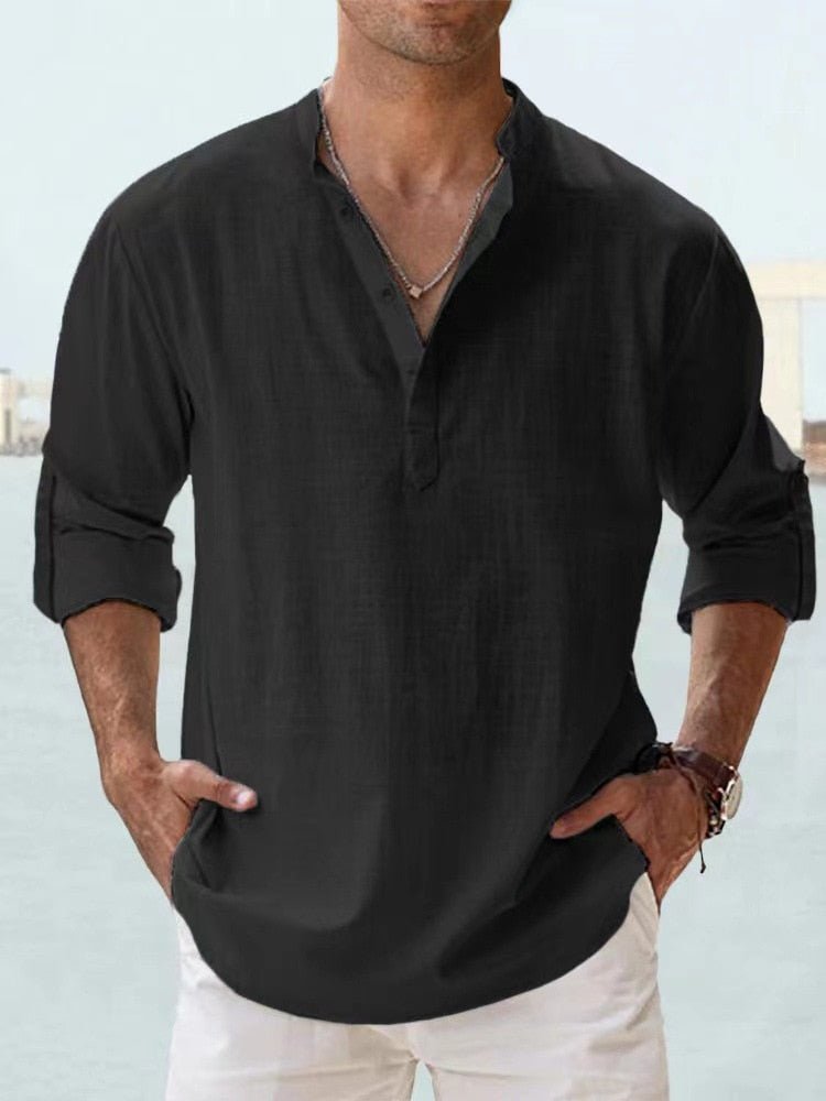 Men's Long Sleeve Beach Henley Shirt - Black