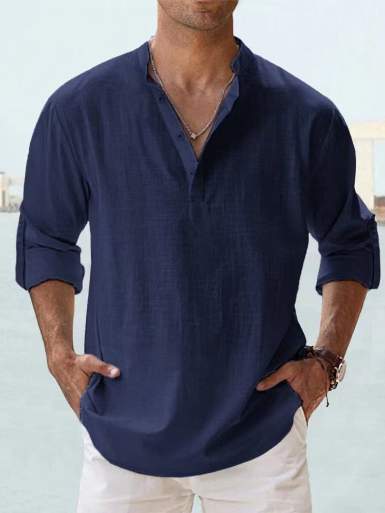 Men's Long Sleeve Beach Henley Shirt - Navy Blue